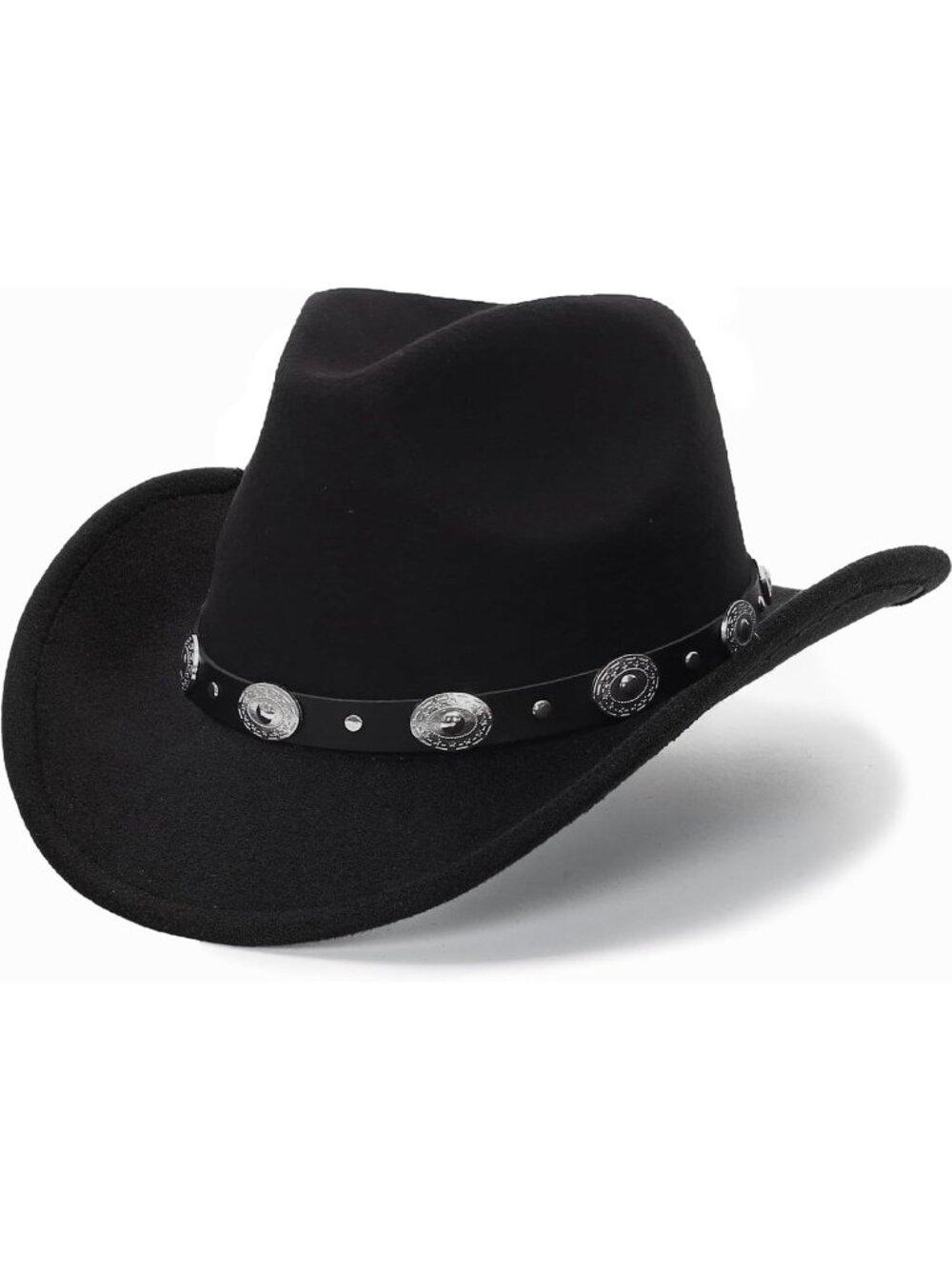Unisex Black Fedora Wide Brim Silver Band Belt Cowgirl Western Cowboy Hat